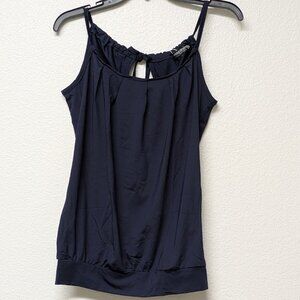 Floral Blooming Navy Blue Spaghetti Strap Tank Top with Back Tie Detail - Medium